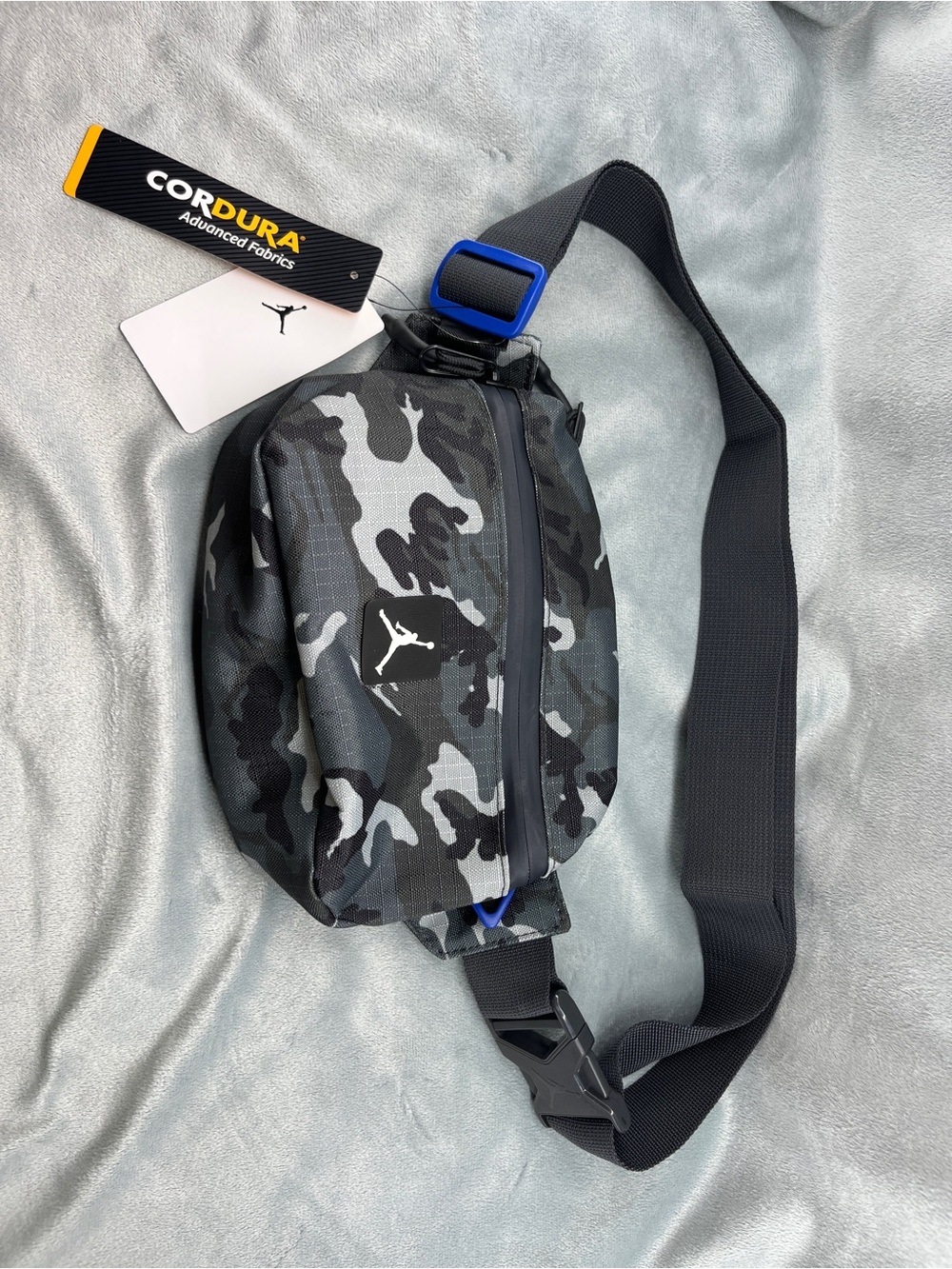 Jordan Black & Grey Camo Sling Belt Bag with Blue Accent